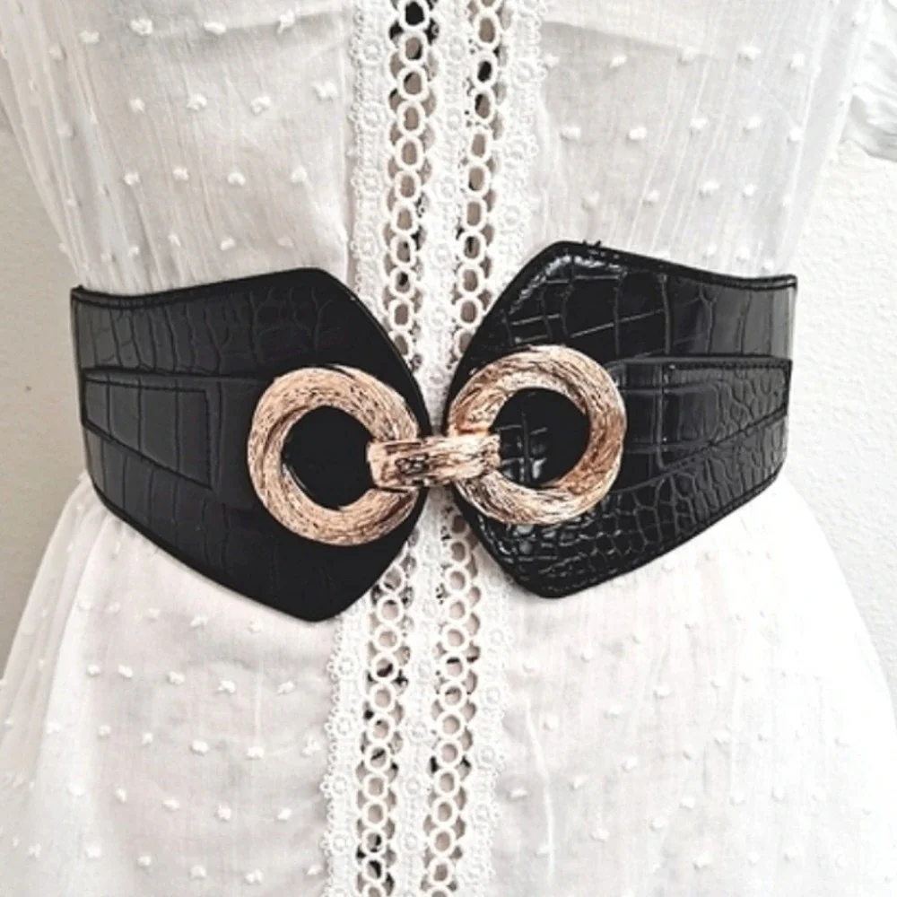 Black Croc Embossed Wide Elastic Waist Belt M Gold Buckle Statement Party event